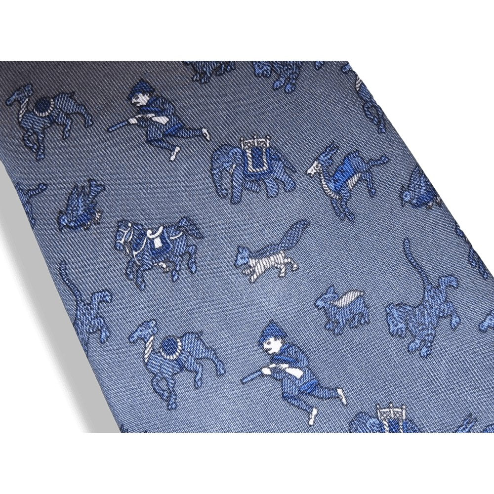 Hermes Vintage Bluish Grey White CHASSE EN INDE by Michel Duchene Twill Silk Tie, Nr 963 IA - poupishop