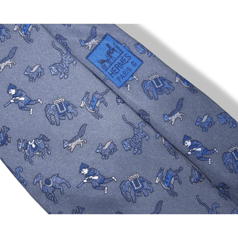 Hermes Vintage Bluish Grey White CHASSE EN INDE by Michel Duchene Twill Silk Tie, Nr 963 IA - poupishop