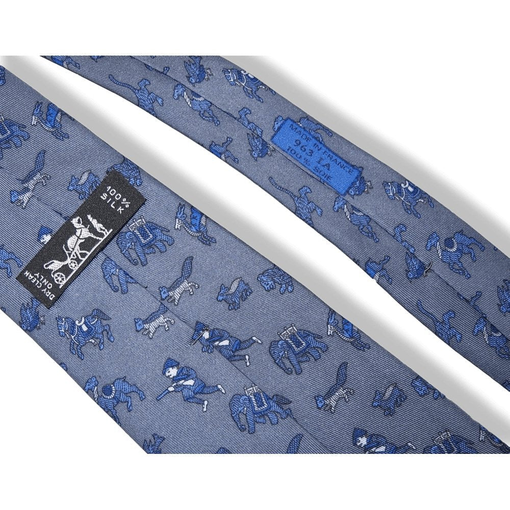 Hermes Vintage Bluish Grey White CHASSE EN INDE by Michel Duchene Twill Silk Tie, Nr 963 IA - poupishop