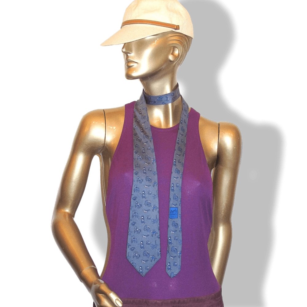 Hermes Vintage Bluish Grey White CHASSE EN INDE by Michel Duchene Twill Silk Tie, Nr 963 IA - poupishop