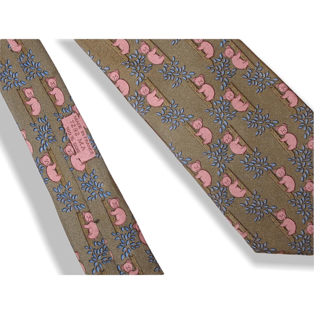 Hermes Vintage Kaki Pink Koala Silk Tie 7282 MA - poupishop