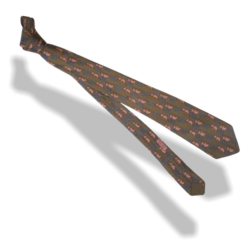 Hermes Vintage Kaki Pink Koala Silk Tie 7282 MA - poupishop