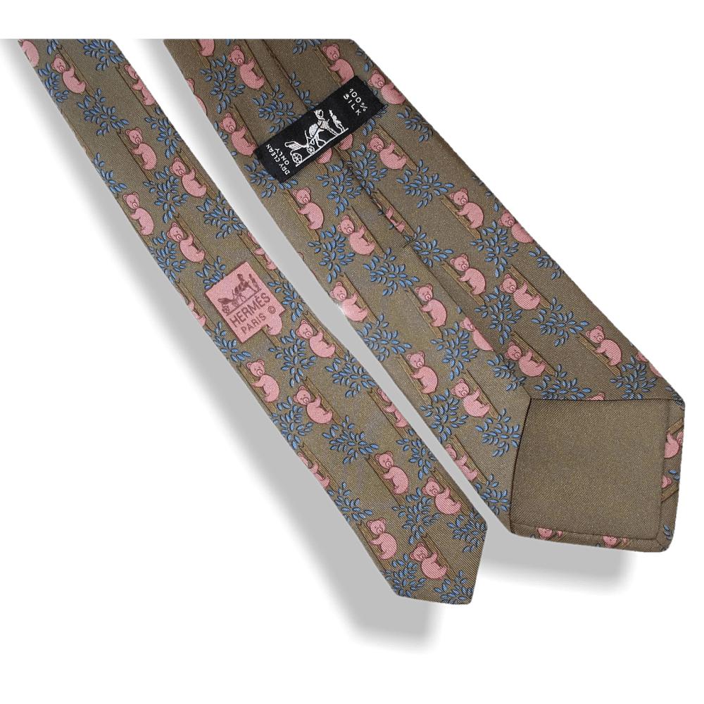 Hermes Vintage Kaki Pink Koala Silk Tie 7282 MA - poupishop