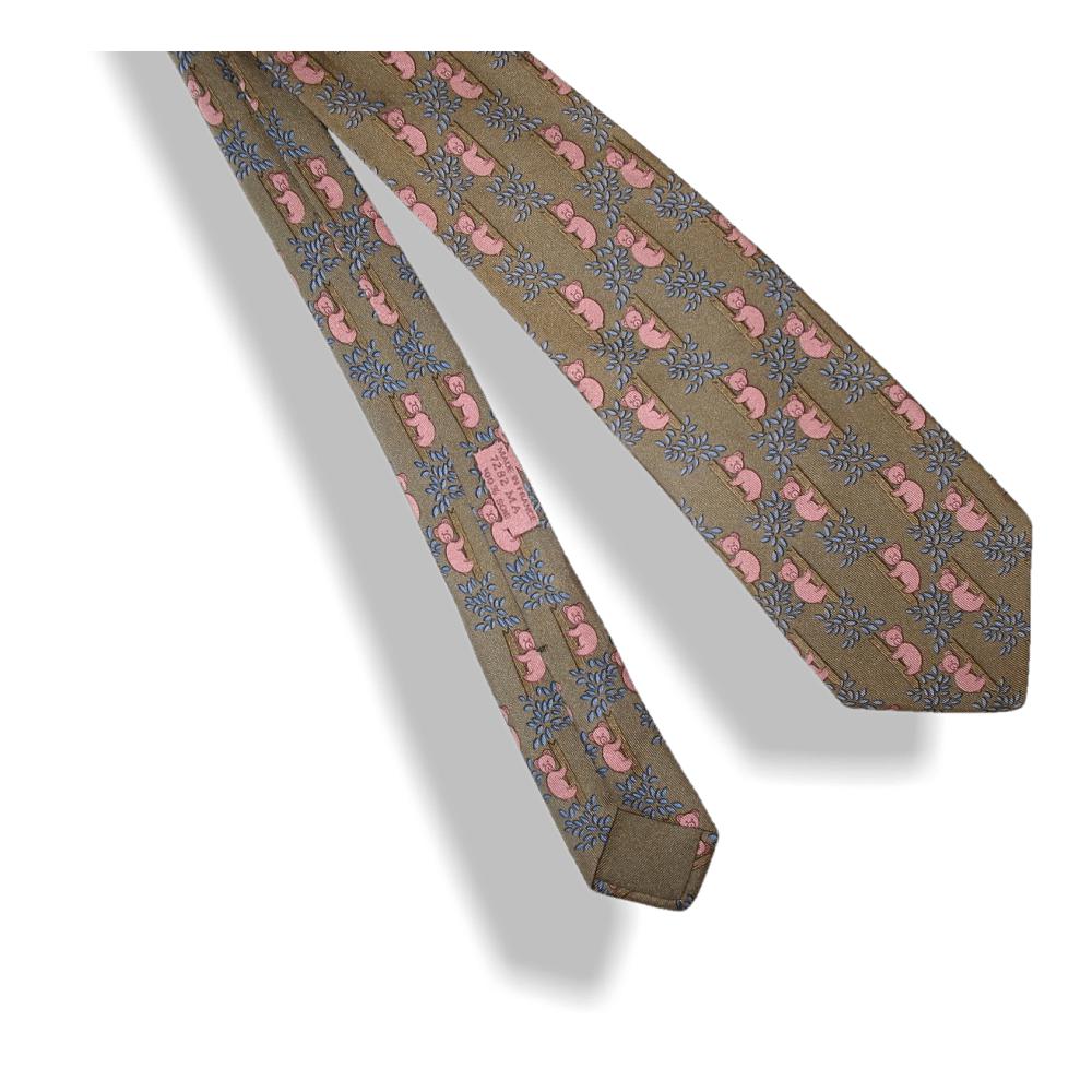Hermes Vintage Kaki Pink Koala Silk Tie 7282 MA - poupishop