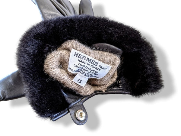 Hermes Women's Noir/Noir Lambskin/Mink Fur GANTS FEMME KELLY Gloves Sz7.5, New! - poupishop
