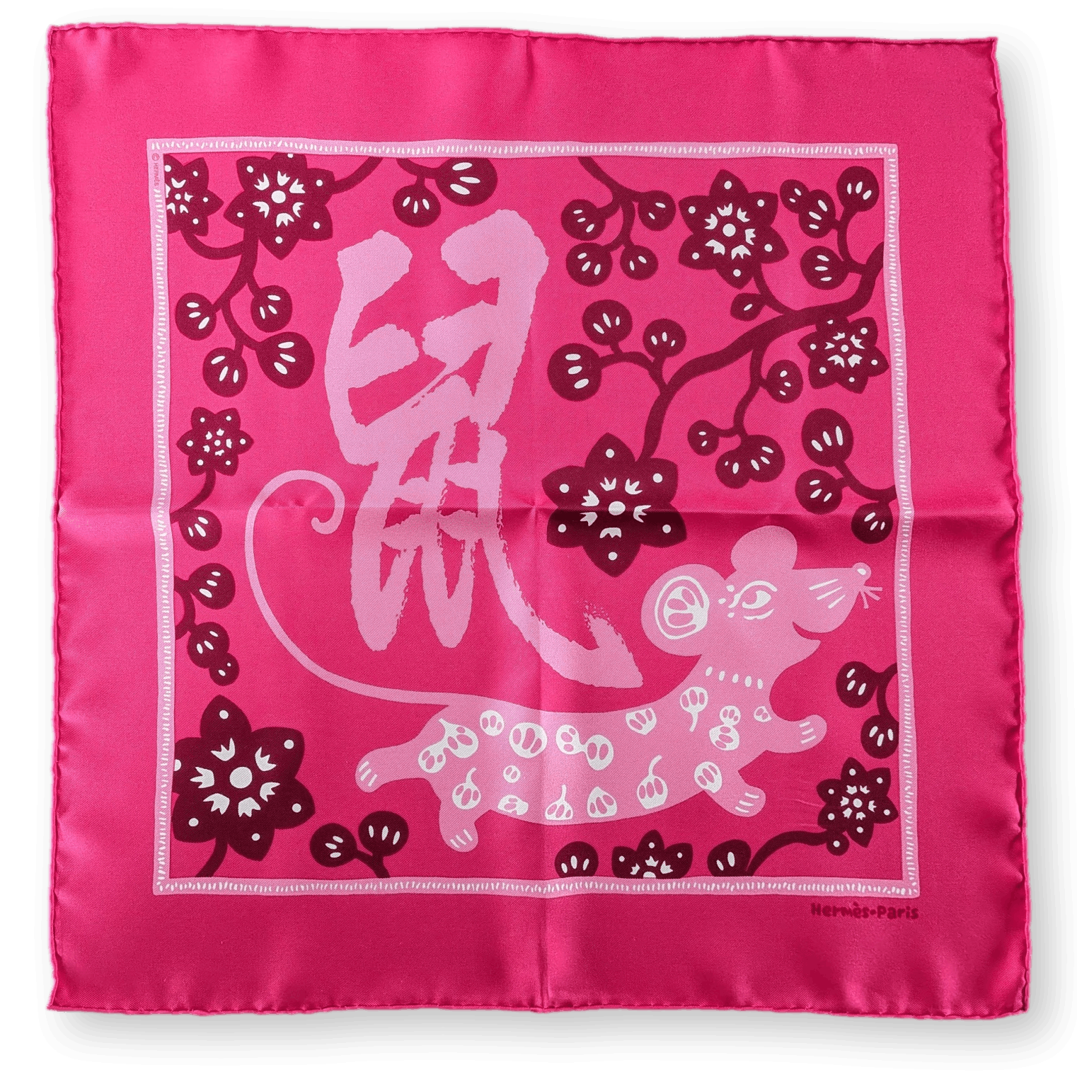 HERMES Year of the Rat Gavroche 45 Twill Silk Rose Fuchsia Prune New in Box Collector