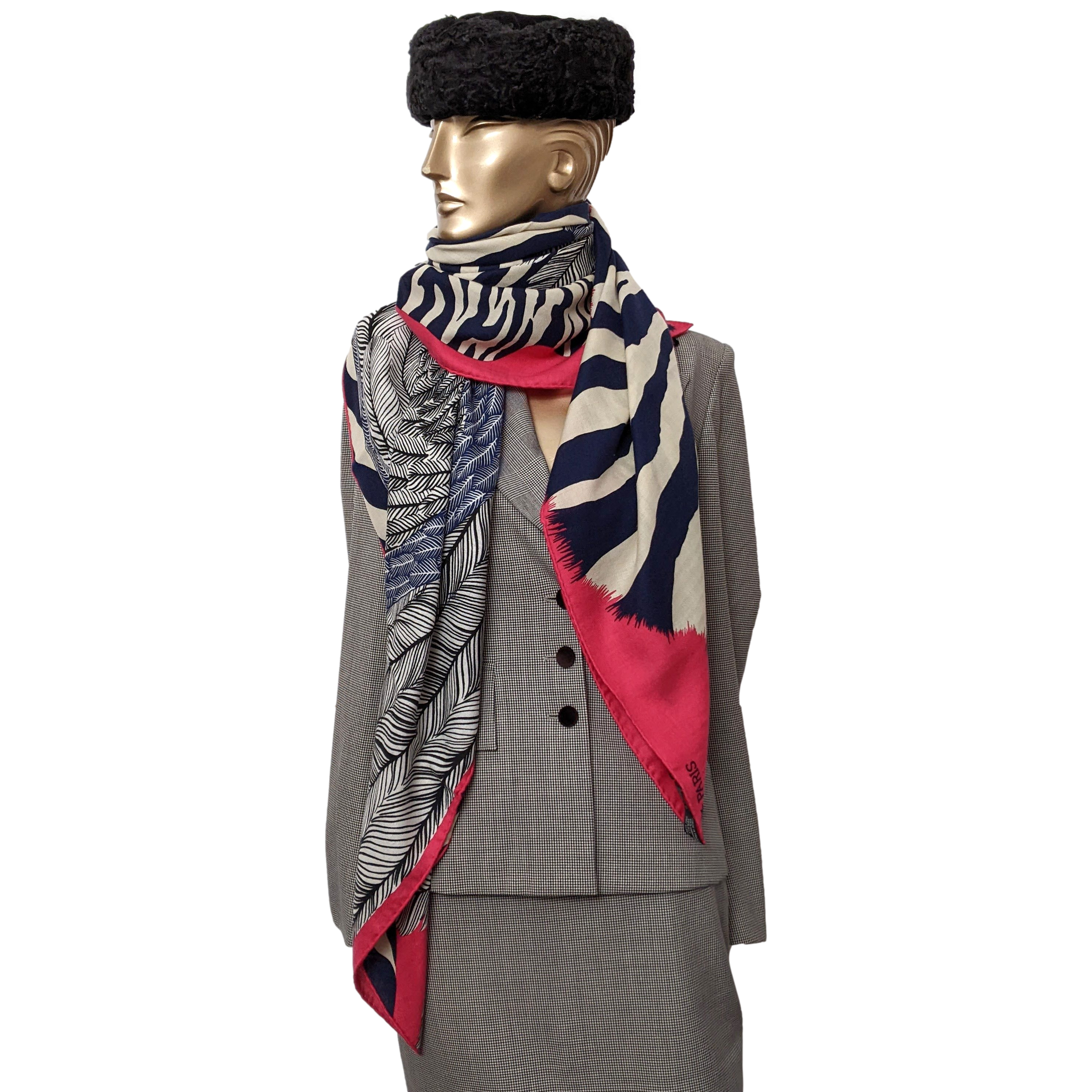 Hermes 2014 Fuchsia/Marine "Zebra Pegasus" by Alice Shirley Cashmere Shawl 140