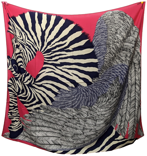 Hermes 2014 Fuchsia/Marine "Zebra Pegasus" by Alice Shirley Cashmere Shawl 140