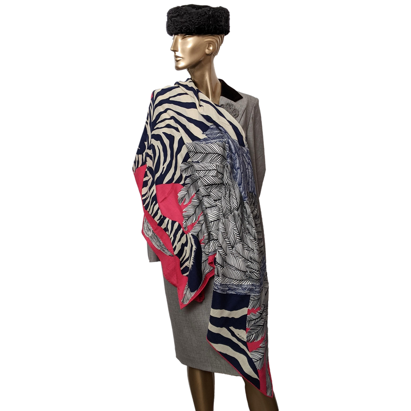 Hermes 2014 Fuchsia/Marine "Zebra Pegasus" by Alice Shirley Cashmere Shawl 140