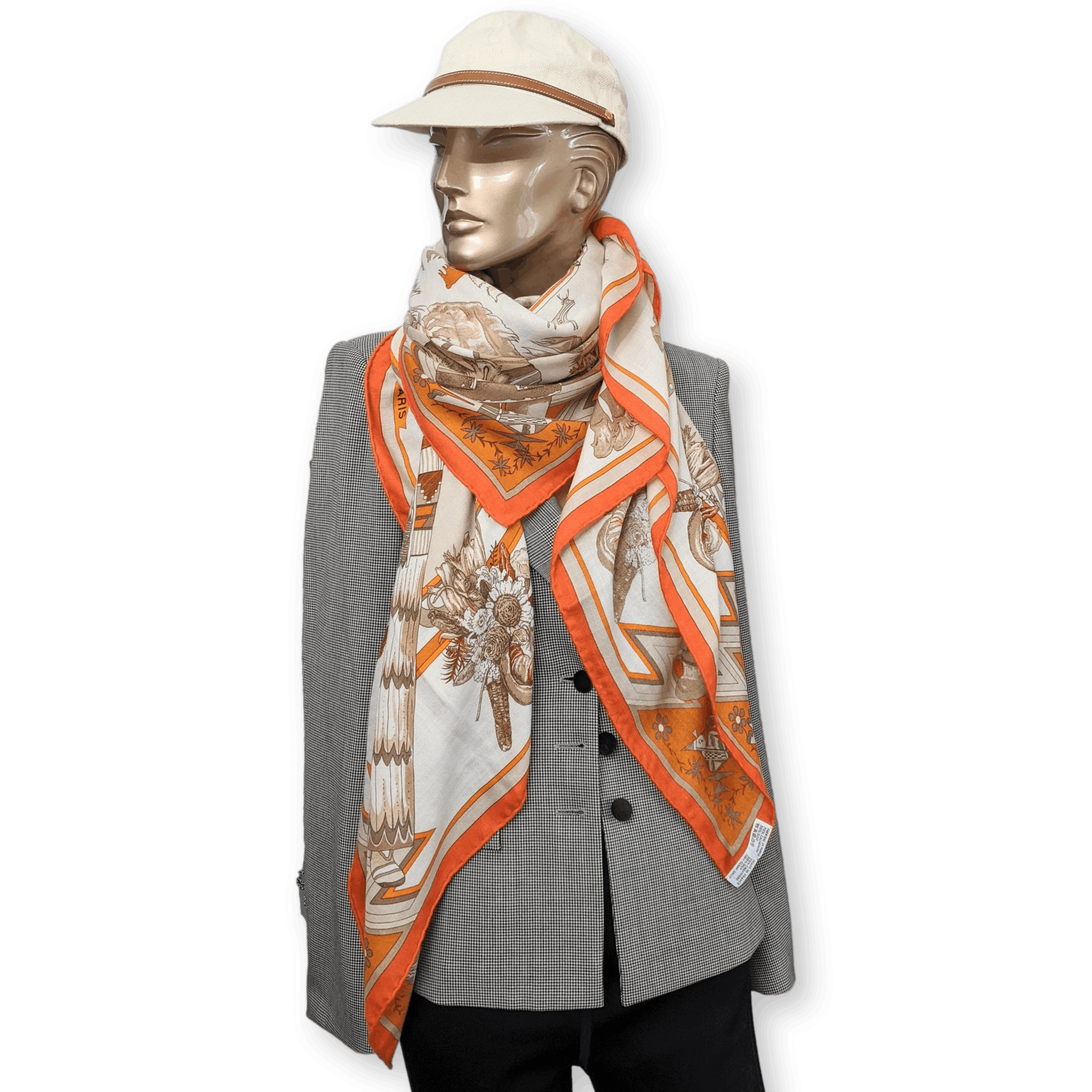 HERMES 2004 Orange Kachinas by Oliver Kermit Oliver Cashmere Shawl 140 x 140 cm