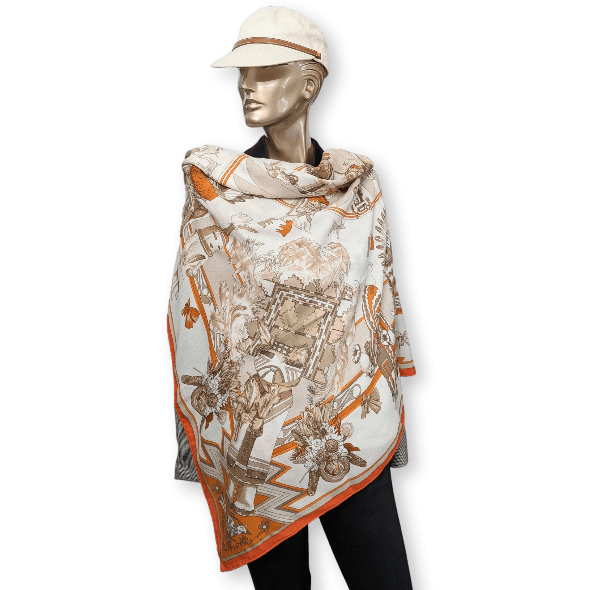 HERMES 2004 Orange Kachinas by Oliver Kermit Oliver Cashmere Shawl 140 x 140 cm