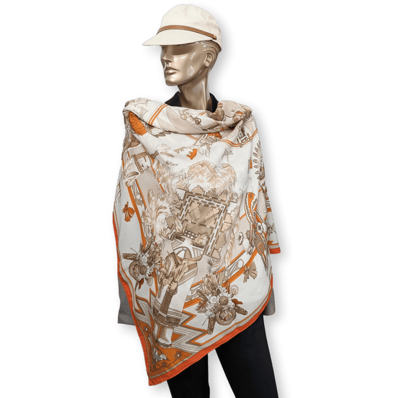 HERMES Kachinas Cashmere Silk Shawl 140 Orange Oliver Kermit