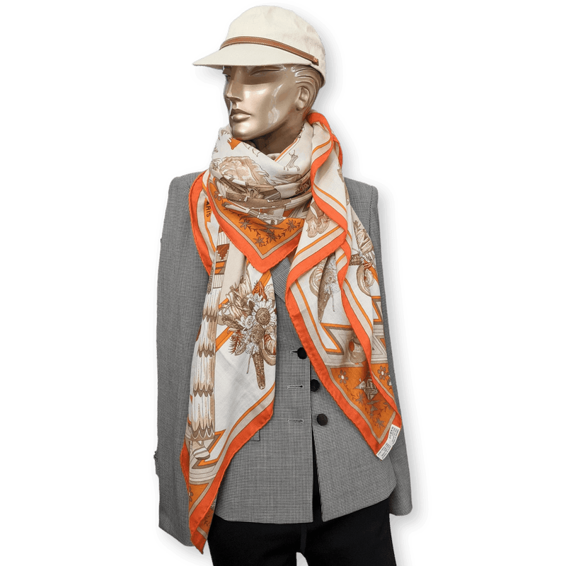 HERMES Kachinas Cashmere Silk Shawl 140 Orange Oliver Kermit