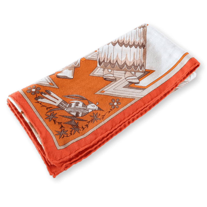 HERMES Kachinas Cashmere Silk Shawl 140 Orange Oliver Kermit