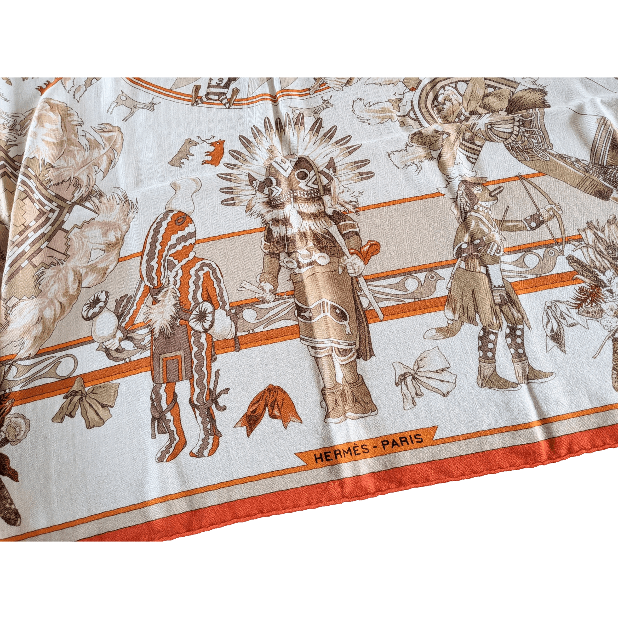HERMES 2004 Orange Kachinas by Oliver Kermit Oliver Cashmere Shawl 140 x 140 cm