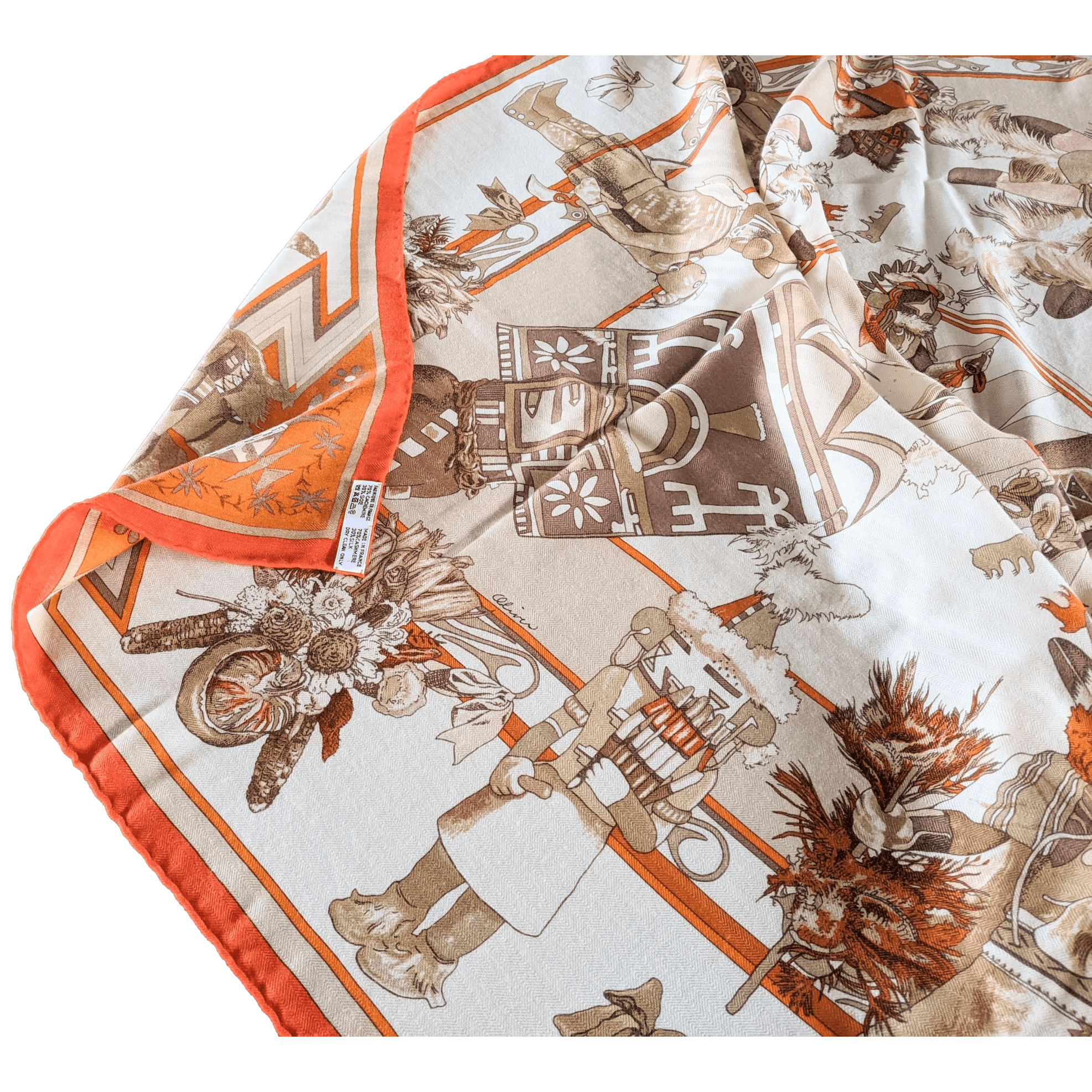 HERMES 2004 Orange Kachinas by Oliver Kermit Oliver Cashmere Shawl 140 x 140 cm
