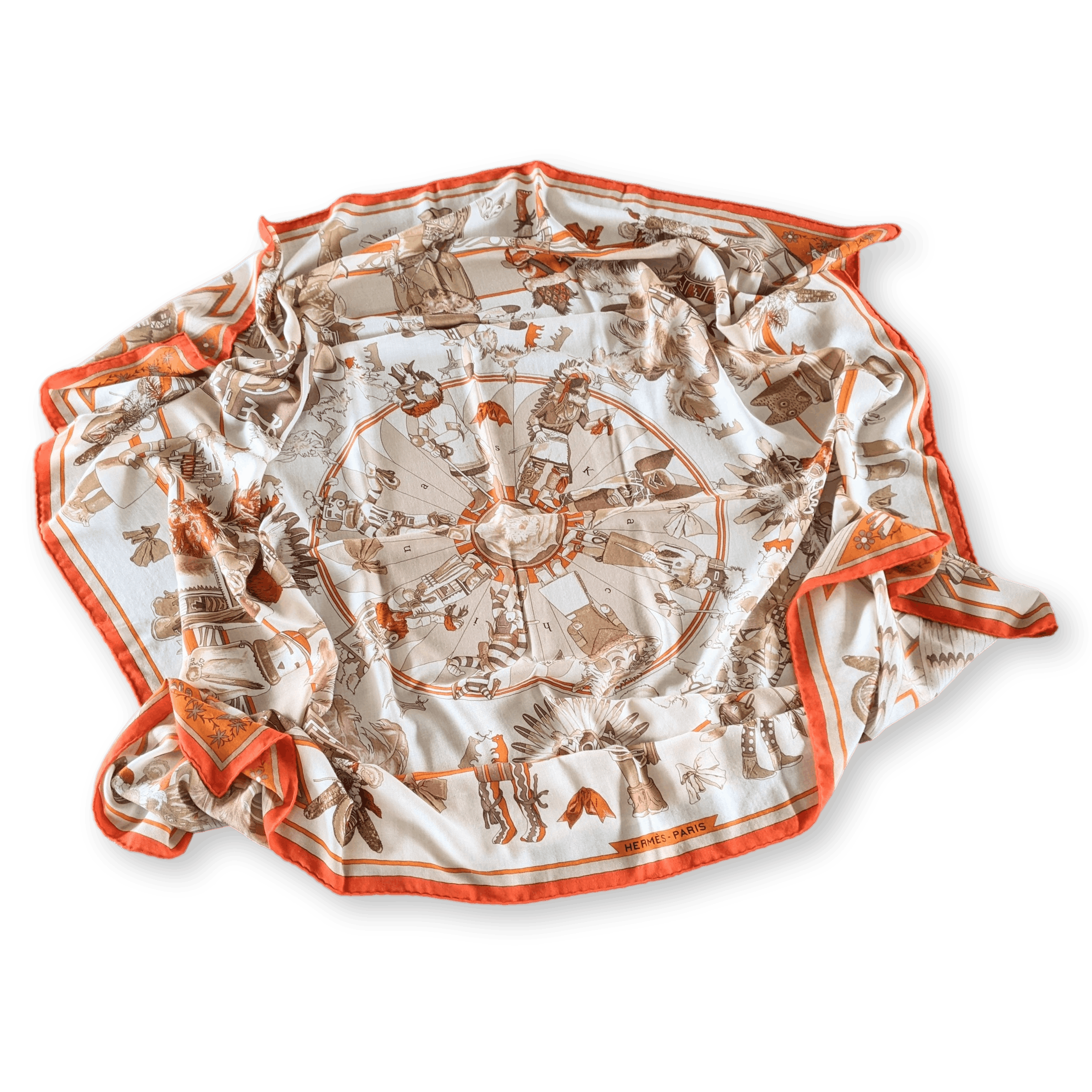 HERMES 2004 Orange Kachinas by Oliver Kermit Oliver Cashmere Shawl 140 x 140 cm