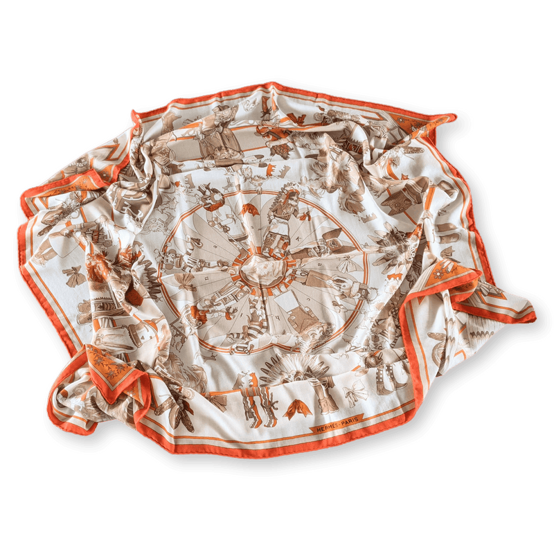 HERMES Kachinas Cashmere Silk Shawl 140 Orange Oliver Kermit