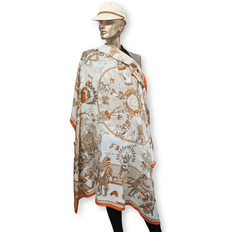 HERMES Kachinas Cashmere Silk Shawl 140 Orange Oliver Kermit