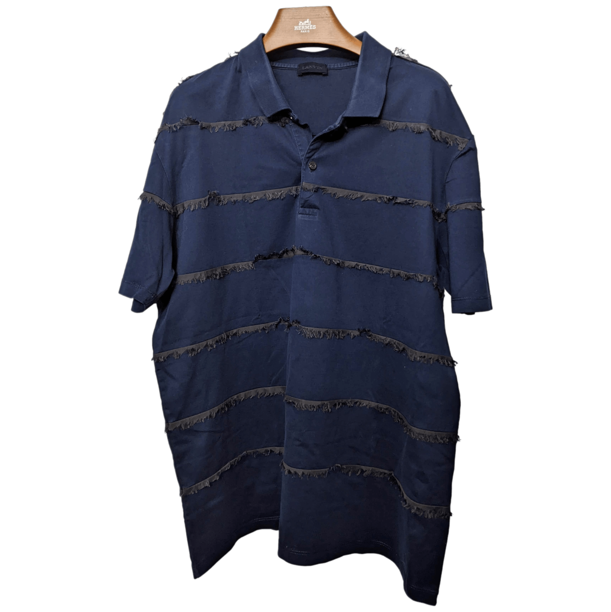 LANVIN Men's Navy Frayed Buttoned Polo Shirt, SzXXL