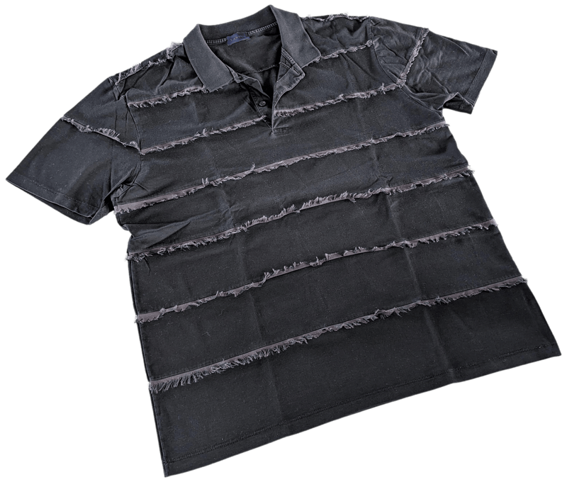 LANVIN Men's Black Frayed Buttoned Polo Shirt, SzXXL