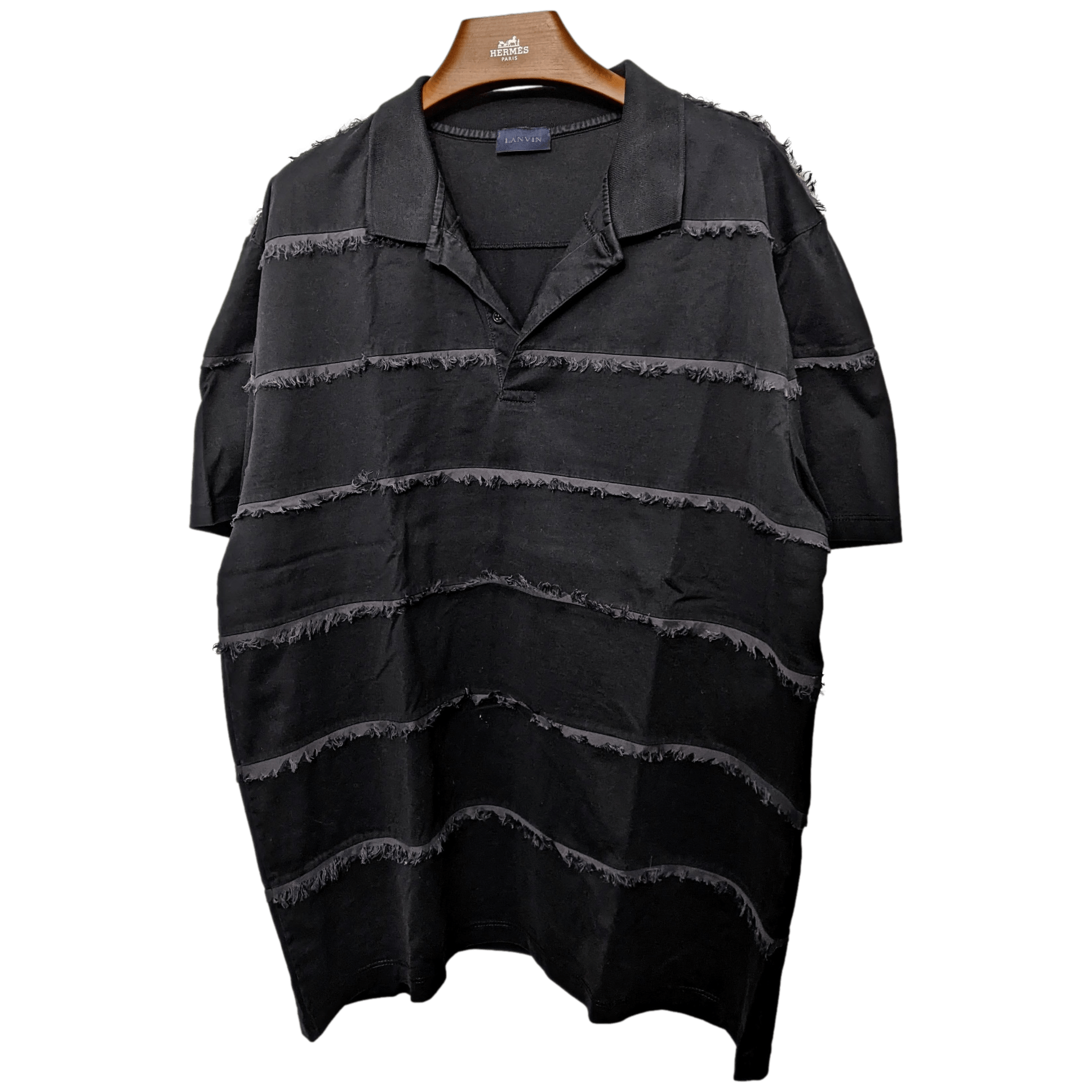 LANVIN Men's Black Frayed Buttoned Polo Shirt, SzXXL