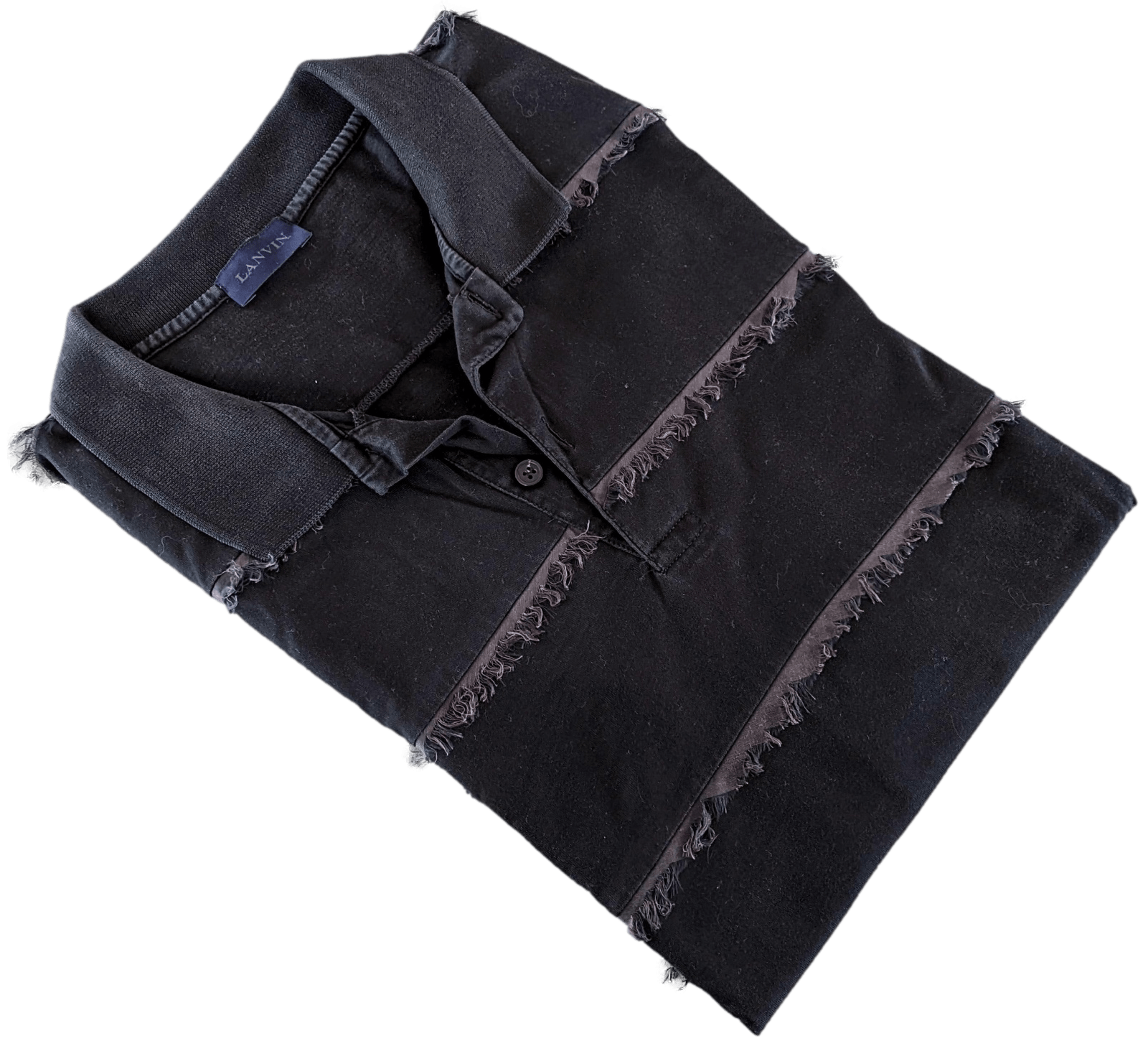 LANVIN Men's Black Frayed Buttoned Polo Shirt, SzXXL