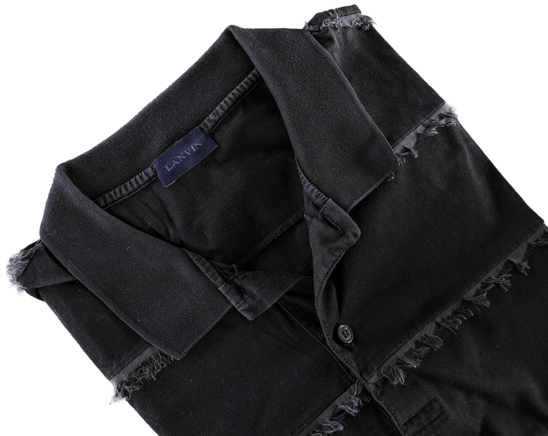 LANVIN Men's Black Frayed Buttoned Polo Shirt, SzXXL