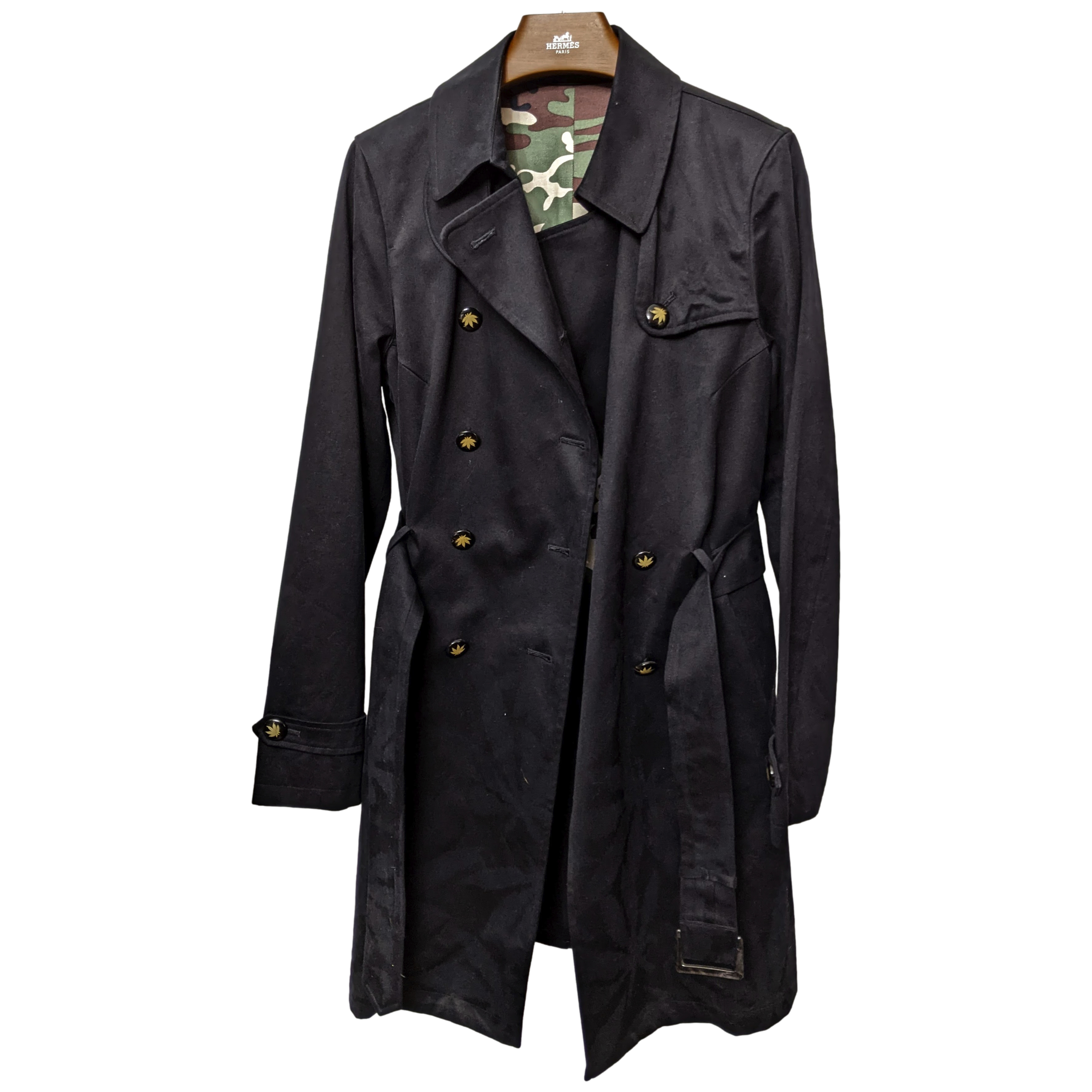 Lucien Pellat-Finet Black Cotton Trench with Camouglage Lining Women Coat SzL