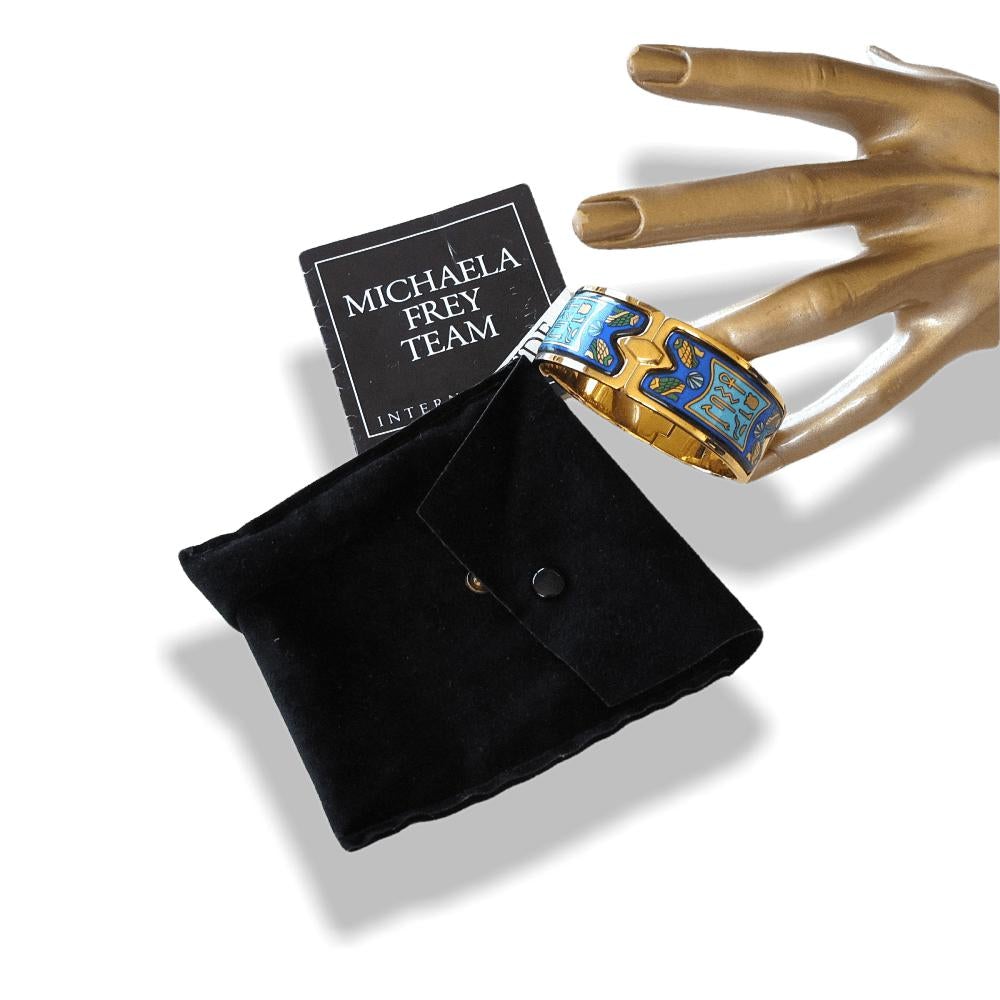 Michaela Frey TEAM Blue Turquoise Enamel & Plated Gold 18k Egypt Nefertiti Royal Claps Bangle Bracelet, New! - poupishop