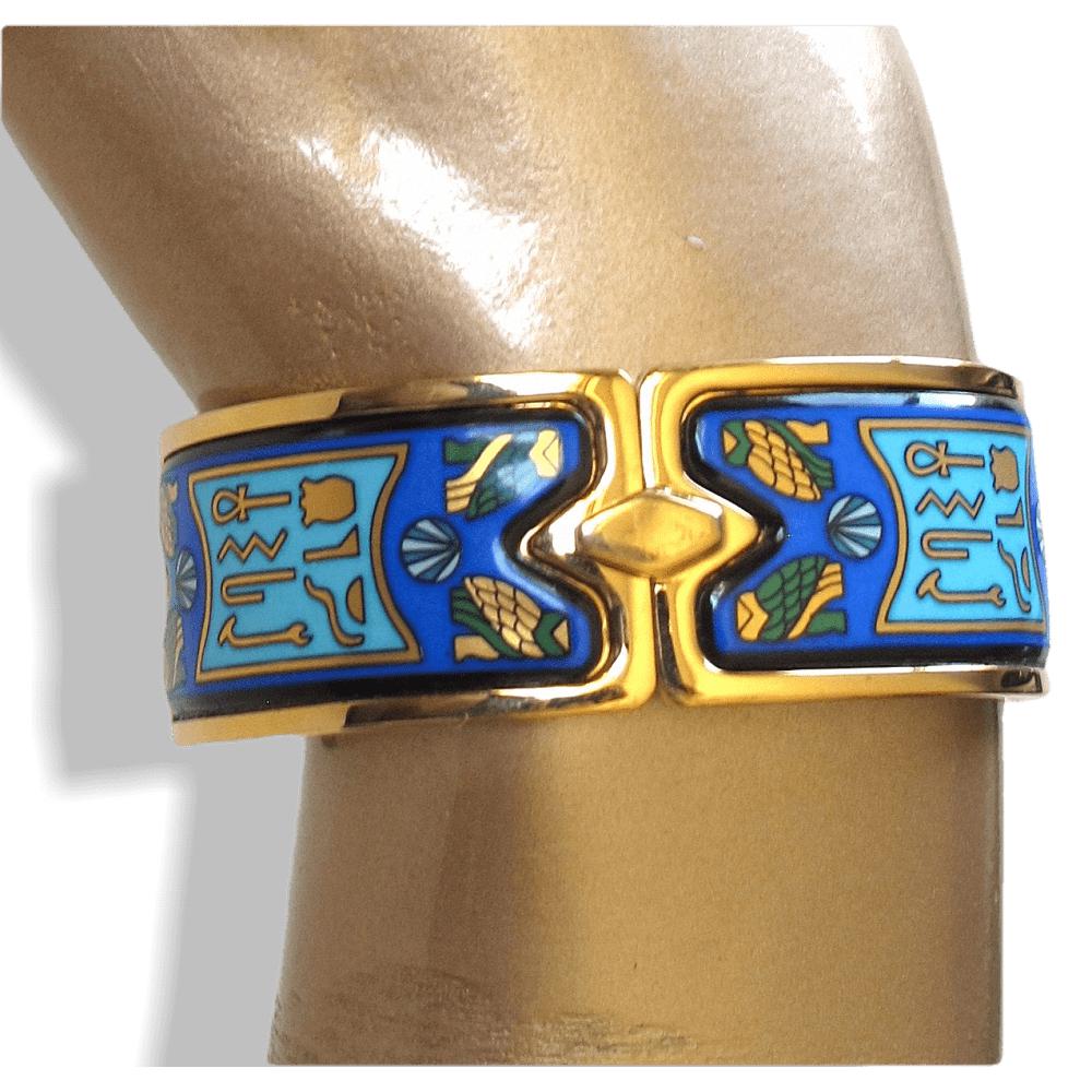Michaela Frey TEAM Blue Turquoise Enamel & Plated Gold 18k Egypt Nefertiti Royal Claps Bangle Bracelet, New! - poupishop