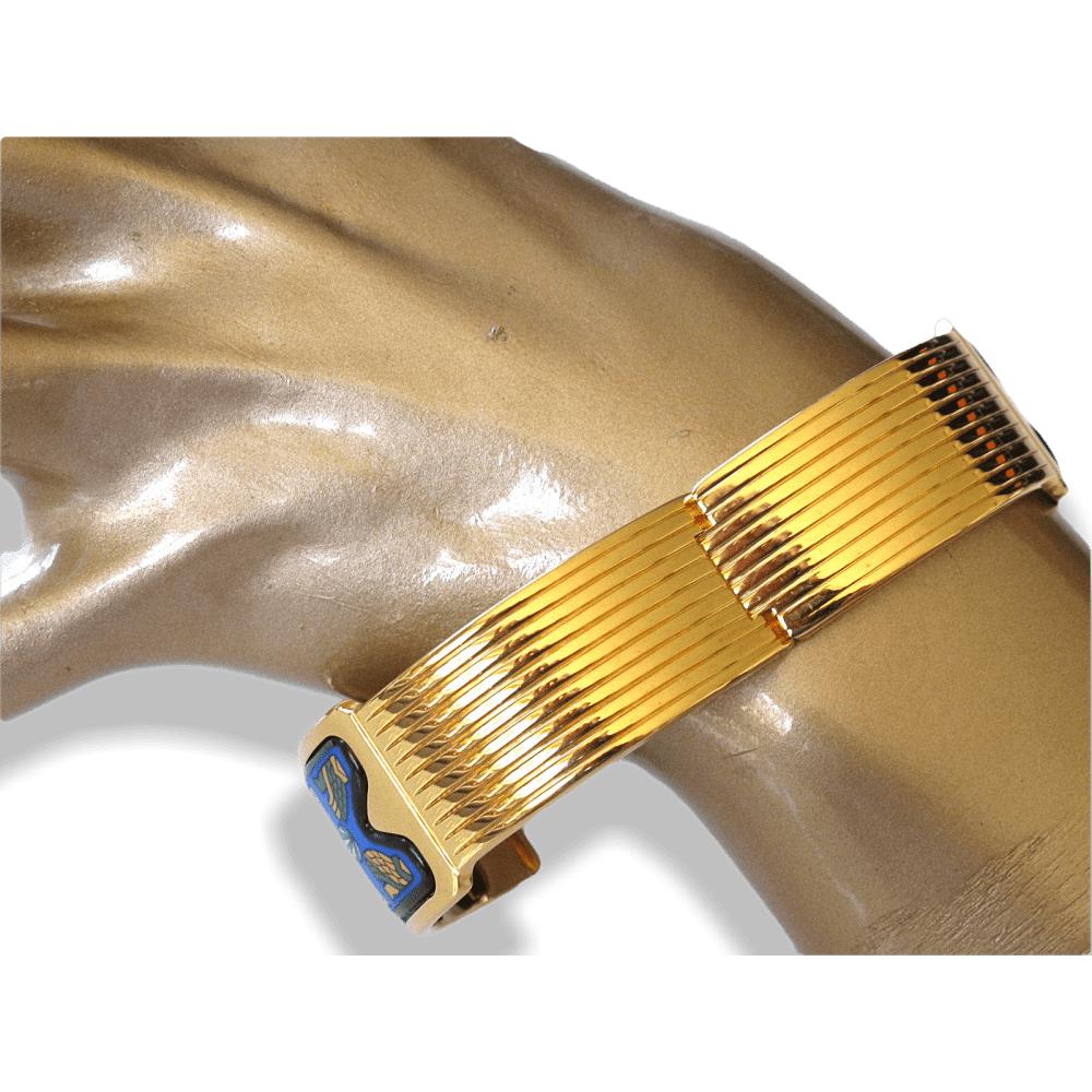 Michaela Frey TEAM Blue Turquoise Enamel & Plated Gold 18k Egypt Nefertiti Royal Claps Bangle Bracelet, New! - poupishop