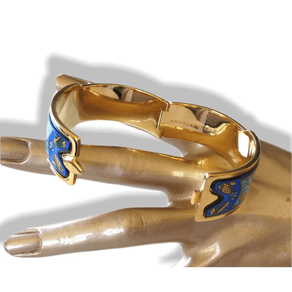 Michaela Frey TEAM Blue Turquoise Enamel & Plated Gold 18k Egypt Nefertiti Royal Claps Bangle Bracelet, New! - poupishop