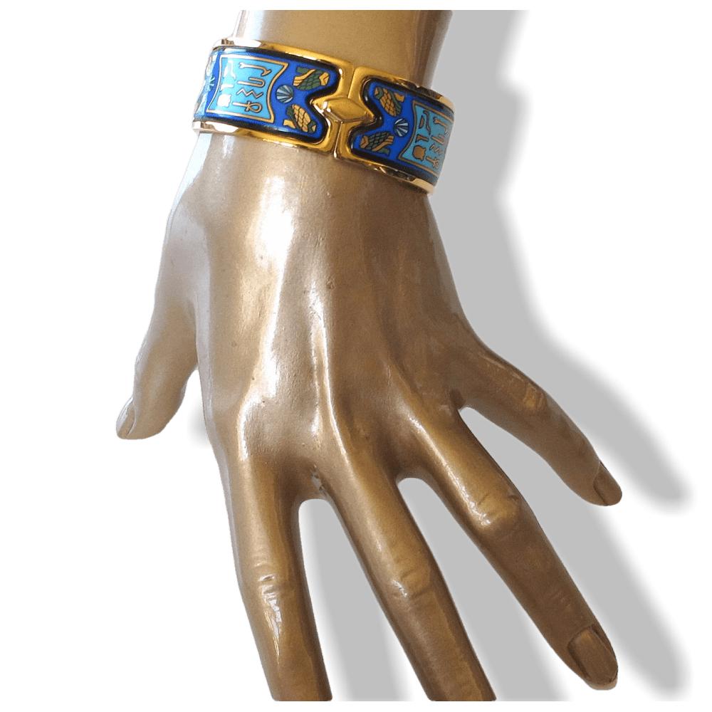 Michaela Frey TEAM Blue Turquoise Enamel & Plated Gold 18k Egypt Nefertiti Royal Claps Bangle Bracelet, New! - poupishop