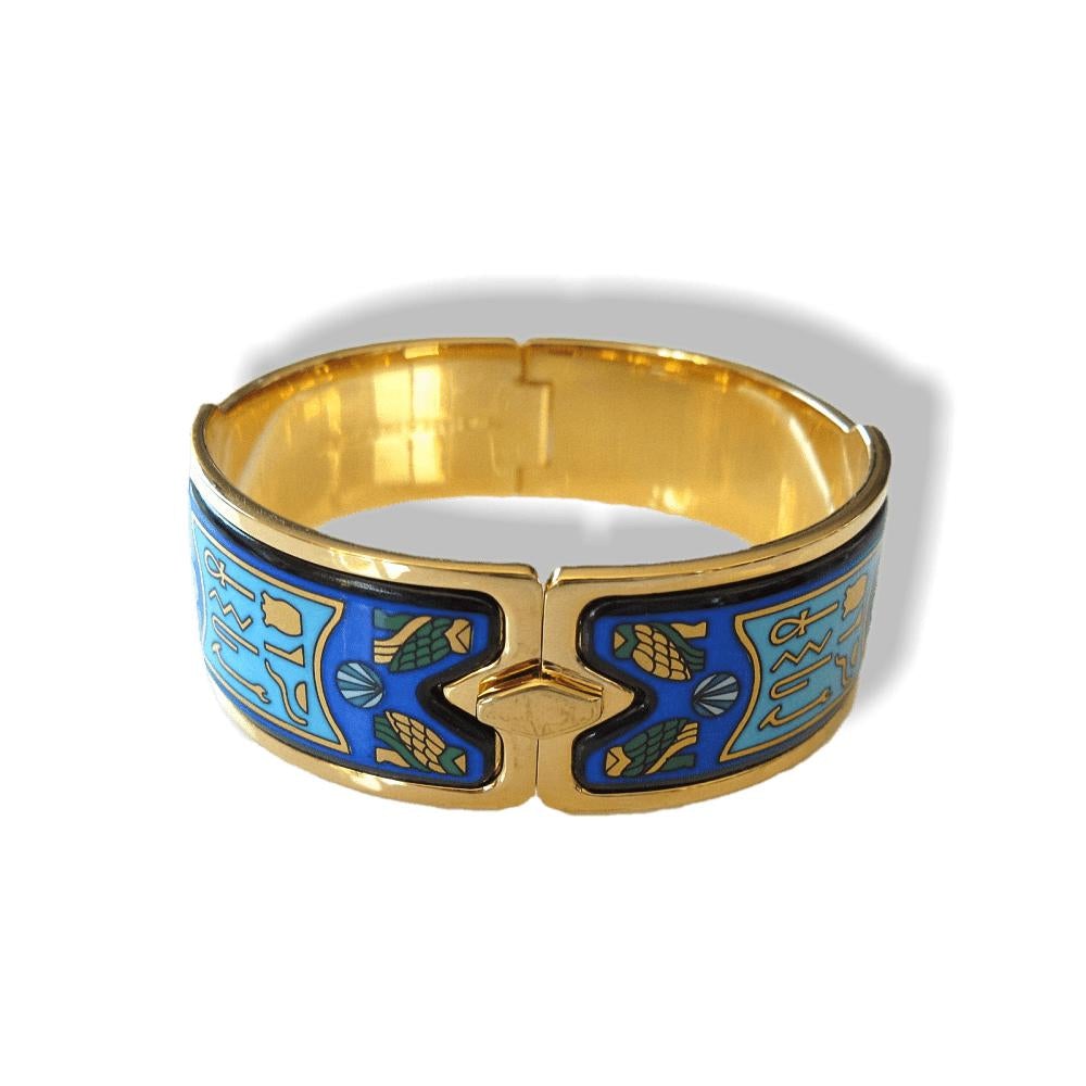 Michaela Frey TEAM Blue Turquoise Enamel & Plated Gold 18k Egypt Nefertiti Royal Claps Bangle Bracelet, New! - poupishop