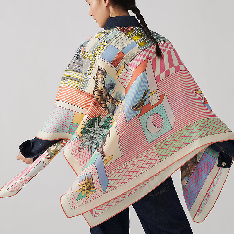 HERMES [C215] Blanc/Rose/Jaune Pale "Grand Theatre Nouveau" by Gianpaolo Pagni Cashmere Shawl 140, BNWTIB!!
