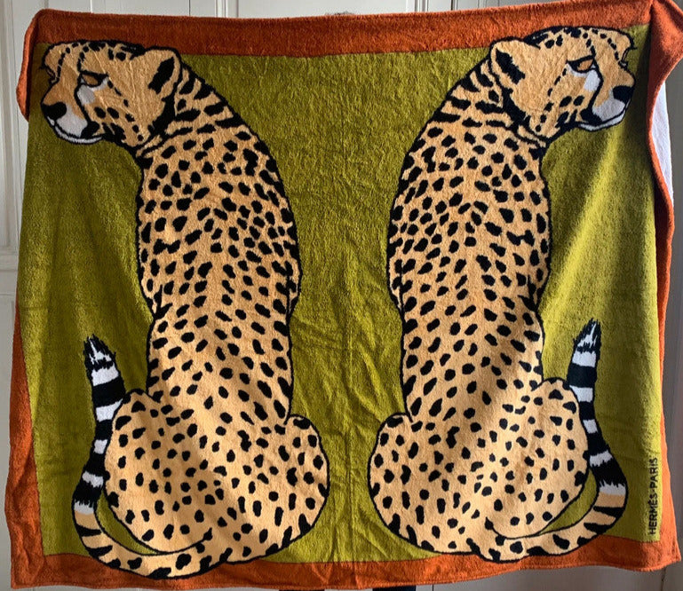 Hermes Orange/Vert "Leopards" Tapis de Plage Terry Beach Towel XXL 220 x 148 cm