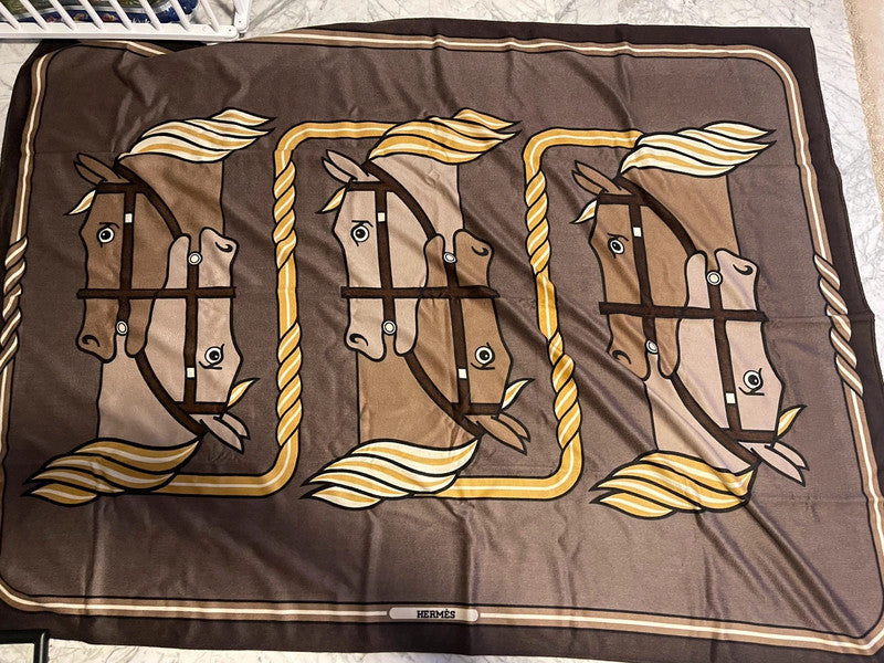 Hermes Brown "Quadrige" by Pierre Peron Cashmere/Silk XXL Plaid 140 x 180 cm