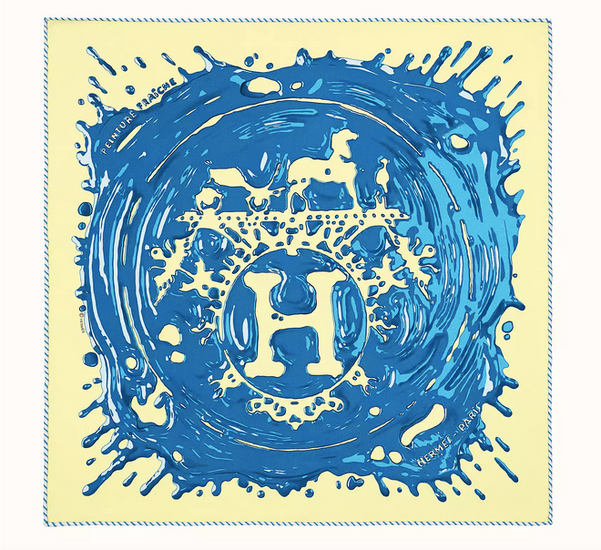 Hermes Jaune Souffre/Bleu  "Peinture Fraiche" Gavroche Twll Silk 45 cm, BNWTIB!