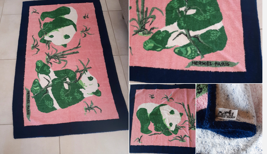 Hermes Vintage Pink "Pandas Eating Bambou" Terry Beach Towel 150 x 90 cm, Rare!
