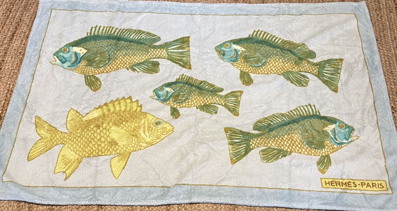 Hermes Vintage Pale Blue/Green "Bali" Cotton Terry Fish Beach Towel 90 x 150 cm