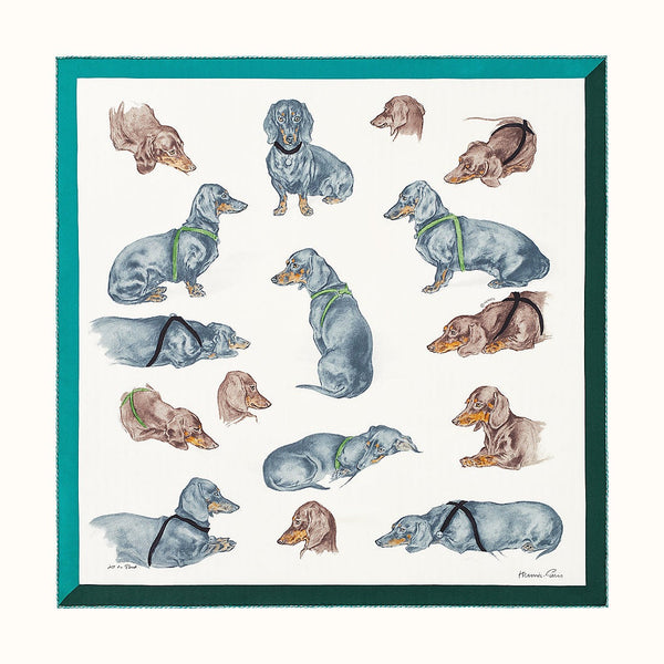 HERMES Blanc/Gris Bleuté/Vert  LES BASSETS by Xavier de Poret Printed Silk 70, BNWTIB! - poupishop