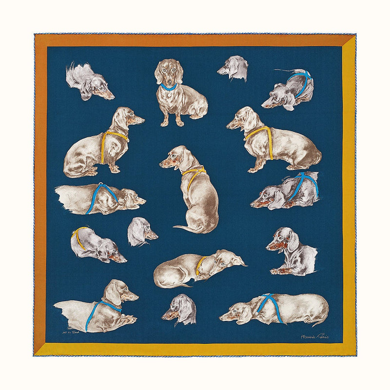 HERMES Marine/Sepia/Gold LES BASSETS by Xavier de Poret Printed Silk 70, BNWTIB! - poupishop