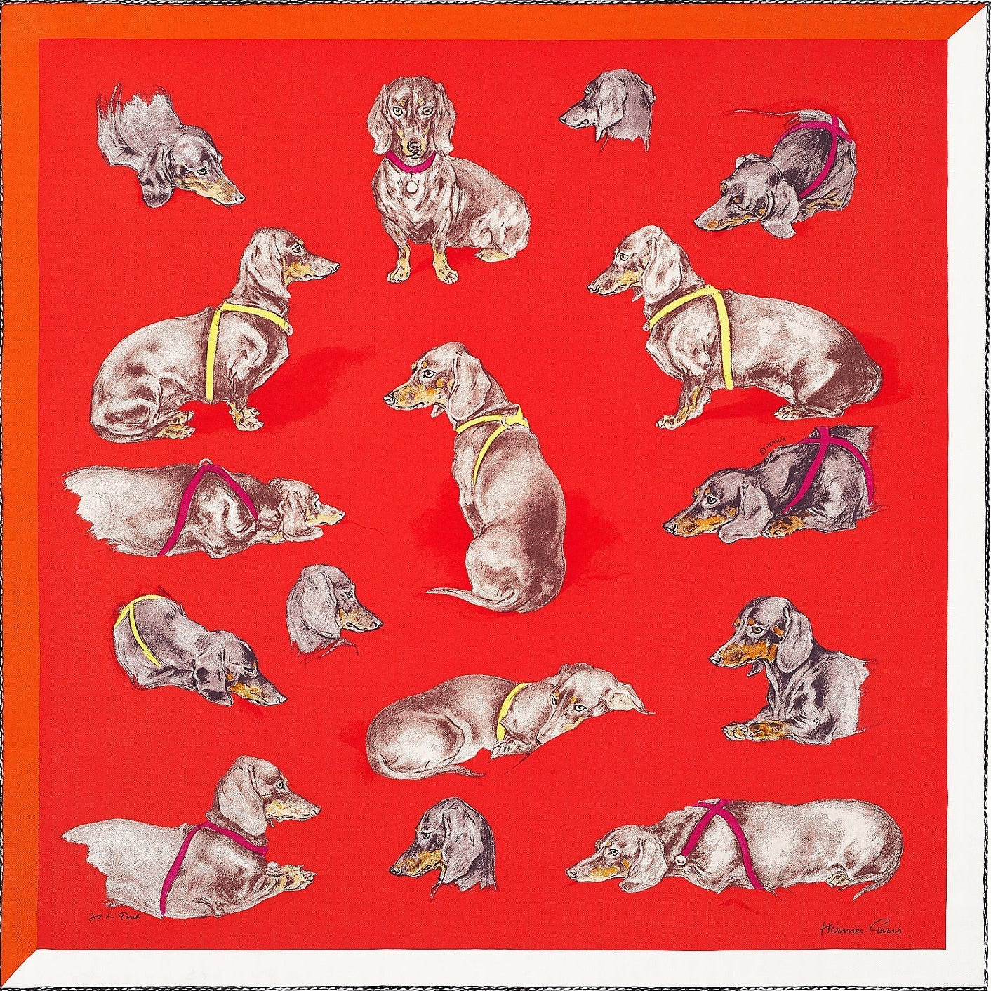 HERMES rouge/taupe/jaune vif LES BASSETS by Xavier de Poret Printed Silk 70, BNWTIB! - poupishop