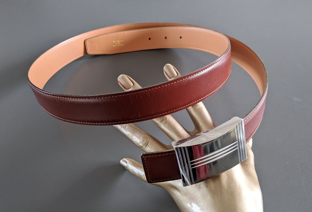 Hermes [105] 1995 Burgundy Box/Natural Box Reversible Leather Strap Belt 32 MM Sz 105, NIB!