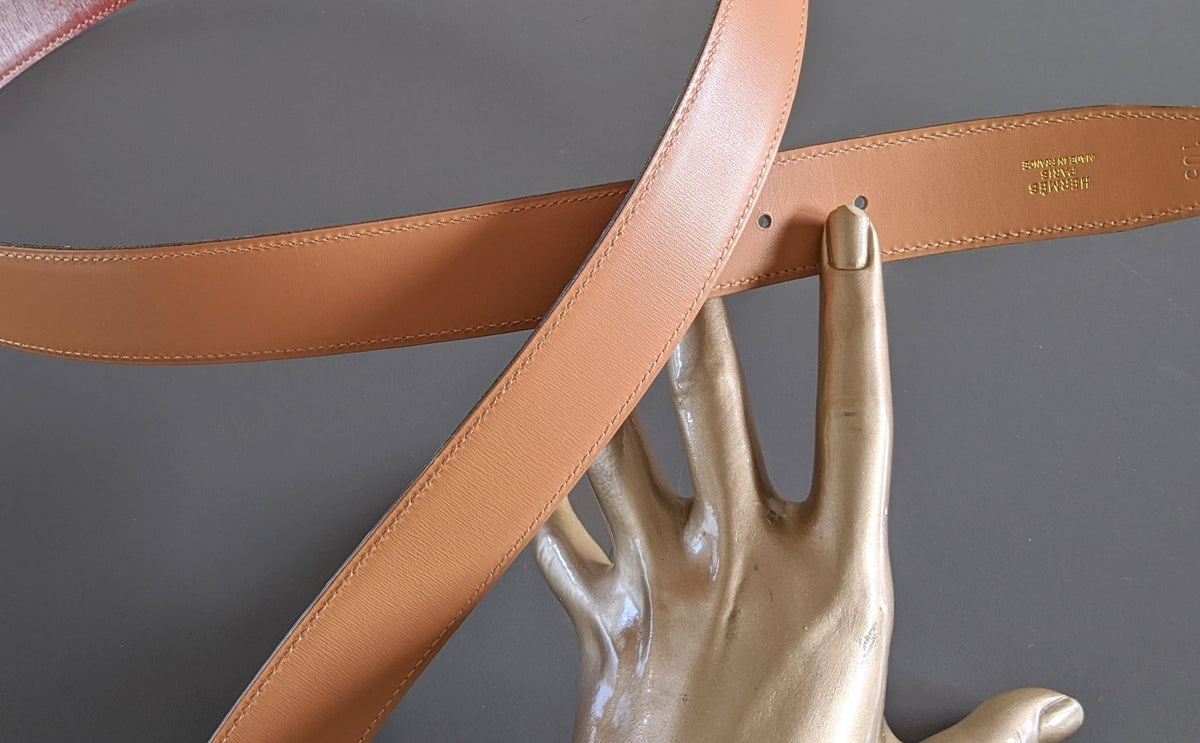 Hermes [105] 1995 Burgundy Box/Natural Box Reversible Leather Strap Belt 32 MM Sz 105, NIB!