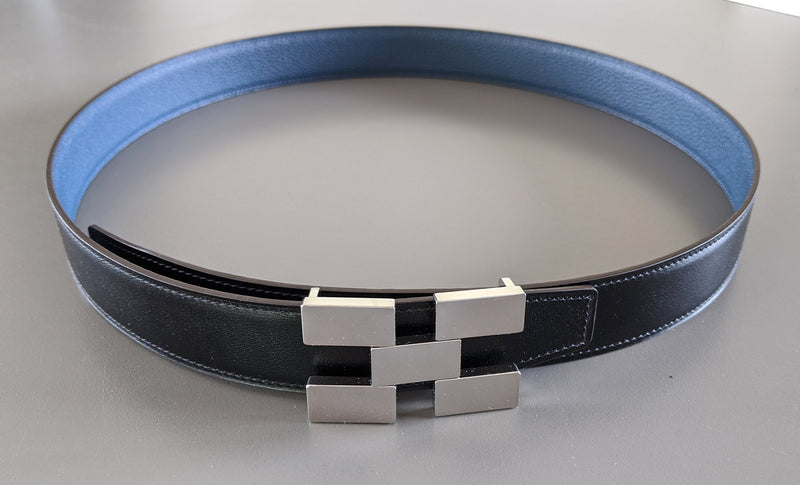 Hermes [113] Black/Bleu de Prusse Togo/Chamonix Reversible Belt Strap 32 MM, BNIB!