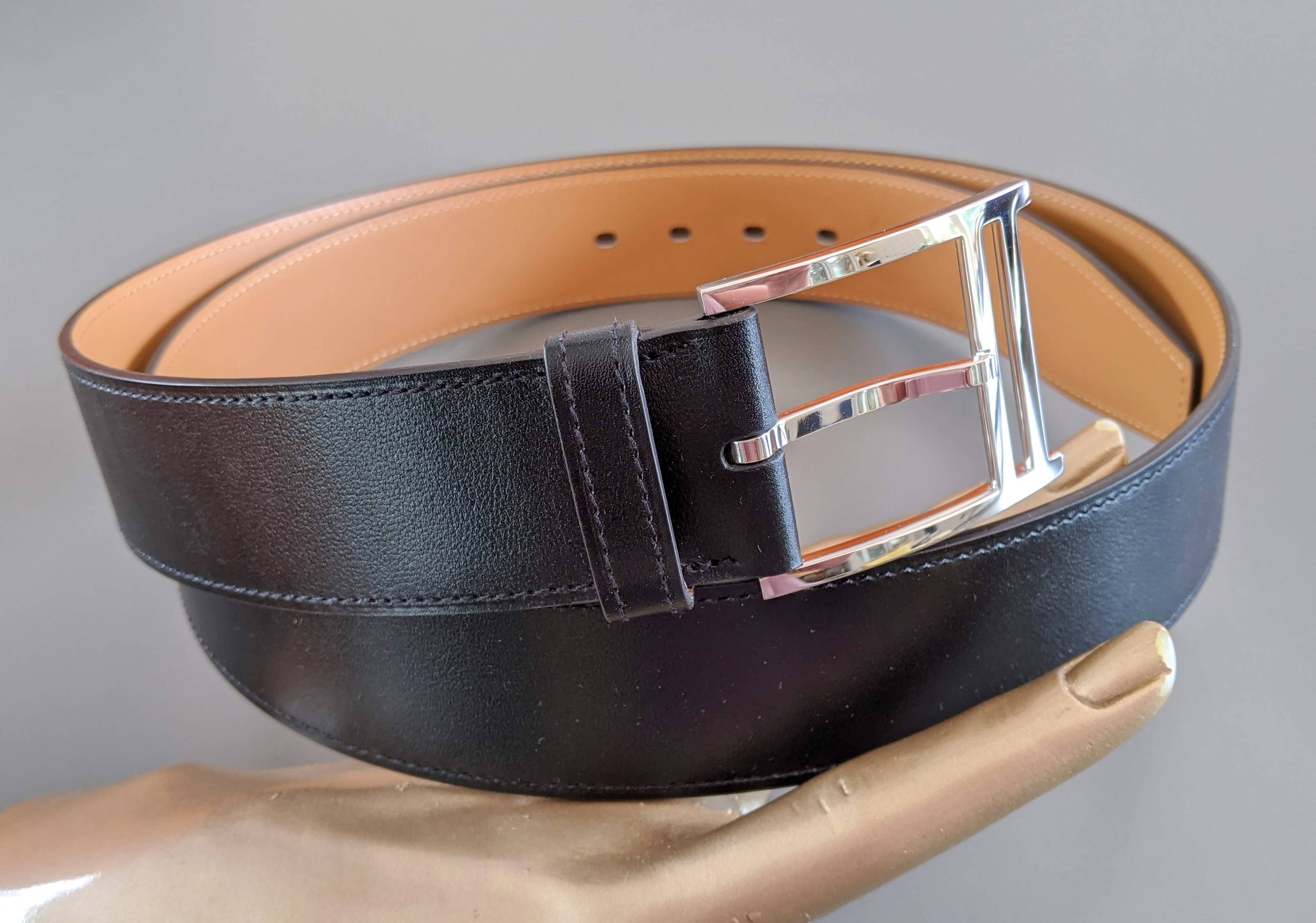 Hermes [186] Noir Calfskin Box Leather PRINCETON Complete Belt 38 MM, BNIB! - poupishop