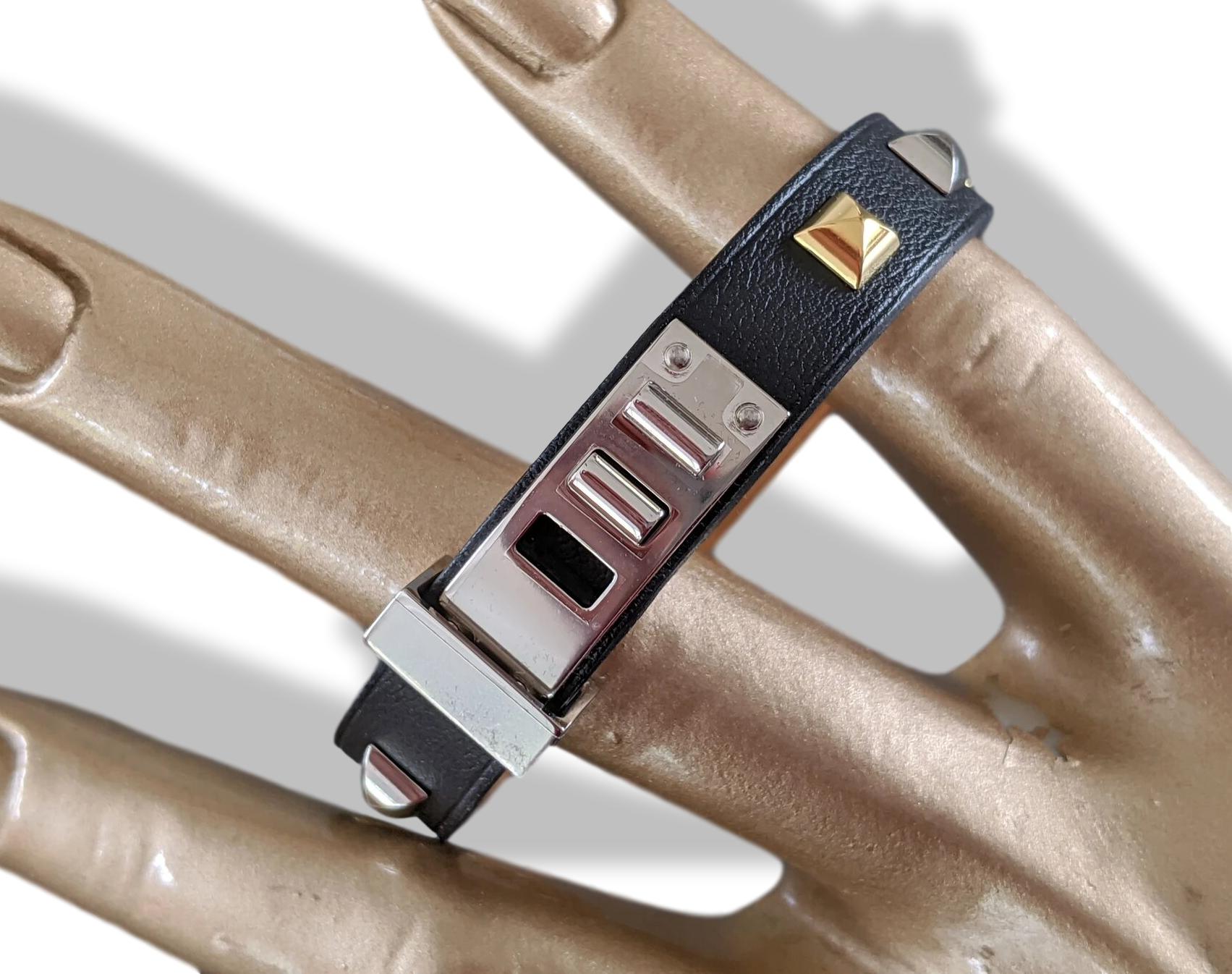 Hermes [88] Unisex Black Swift Calfskin/Or&Ag MINI DOG CLOUS CARRES Bracelet, BNIB!