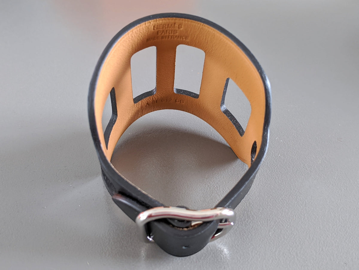 Hermes [90] Unisex Black Swift Calfskin/Ag MANCHETTE PERFOREE Bracelet Sz T2, BNIB!